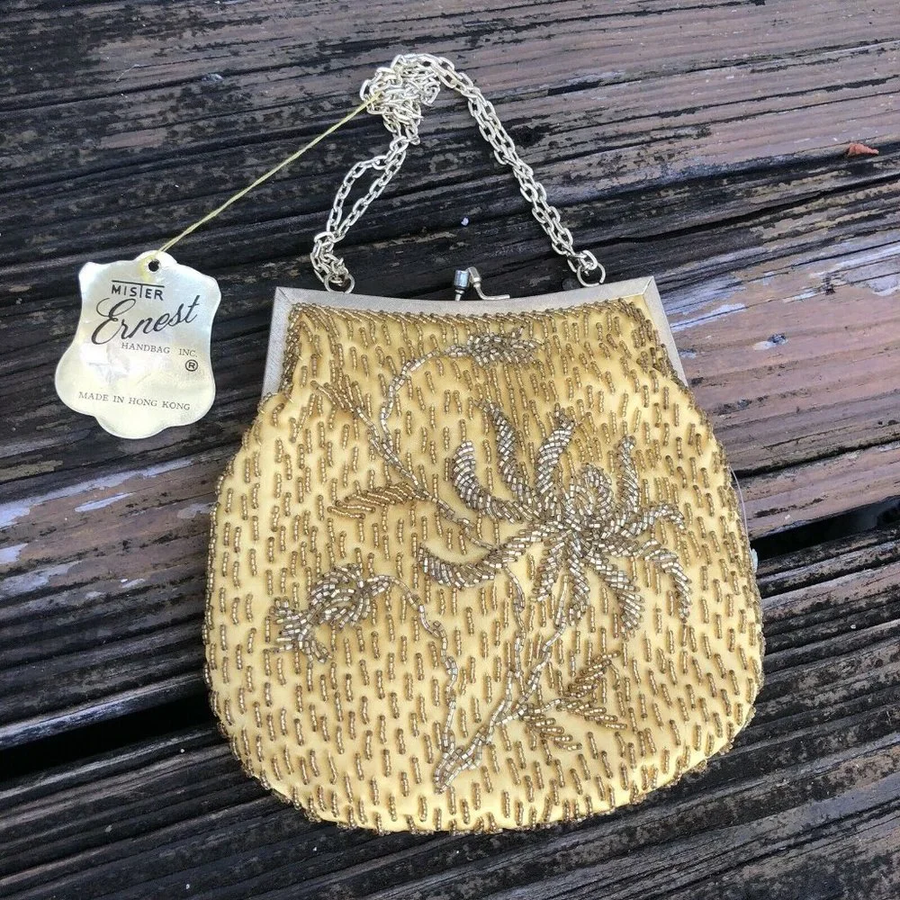 Mister Ernest Gold Floral Beaded Purse Evening Bag Vintage 50s 60s Hong Kong